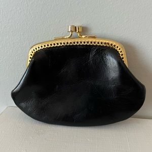 Vintage black leather coin purse with kiss lock